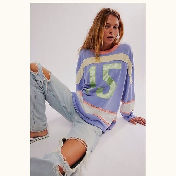 Free People We The Free Sports Tee Tunic Top Striped Cotton Oversized M 283040 - Picture 1 of 7
